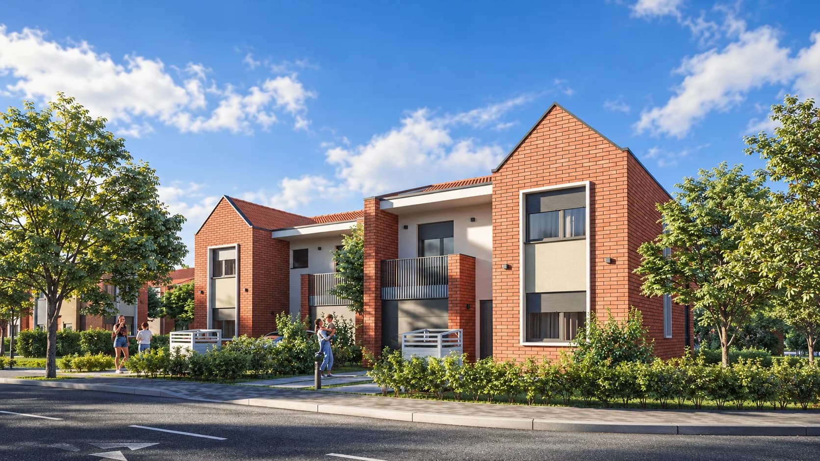 Brick and cream homes with landscaped gardens